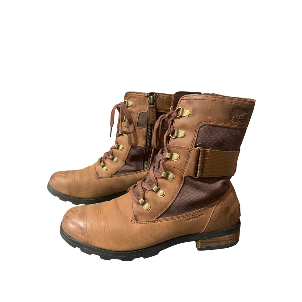 Sorel Emelie Conquest Boots Womens 9.5 Brown Combat Lace Up Comfort Ankle Top